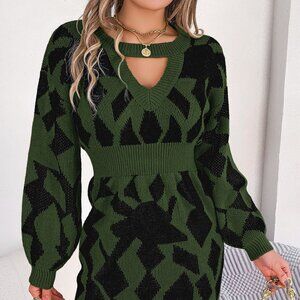 Contrast Round Neck Cutout Long Sleeve Mini Sweater Dress